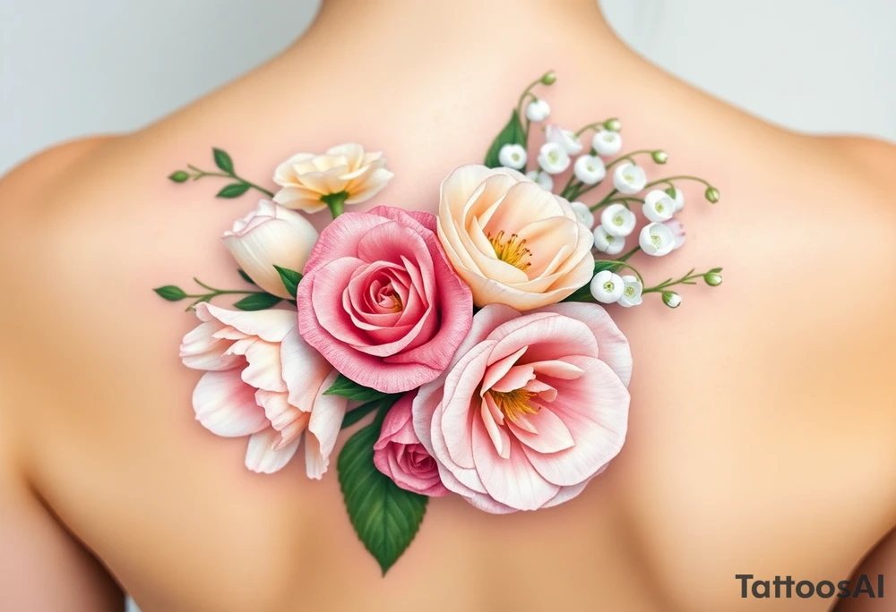 3d Bouquet of Carnation, Astor, Rose, Lily of the valley, Larkspur with realistic, low tone pastel colors with no black tattoo idea