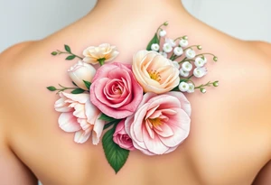 3d Bouquet of Carnation, Astor, Rose, Lily of the valley, Larkspur with realistic, low tone pastel colors with no black tattoo idea