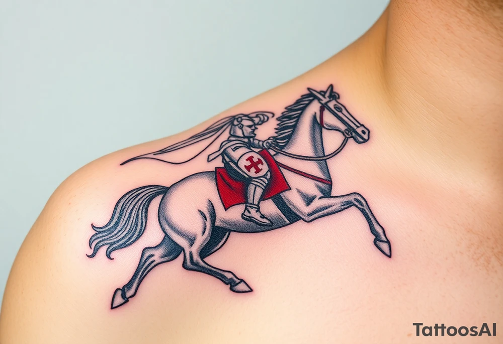 A mounted Templar knight charging into battle, his white cape billowing behind him, sword raised high, and his warhorse adorned with a red and white caparison tattoo idea