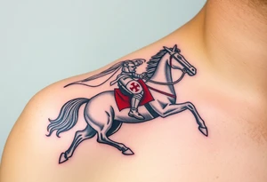 A mounted Templar knight charging into battle, his white cape billowing behind him, sword raised high, and his warhorse adorned with a red and white caparison tattoo idea