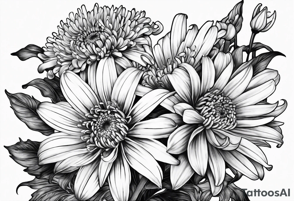 Asters, lillies, and chrysanthemums in a long line tattoo idea