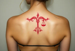 Tattoo that combines the star sign Taurus and Libra ,in red , down the spine tattoo idea