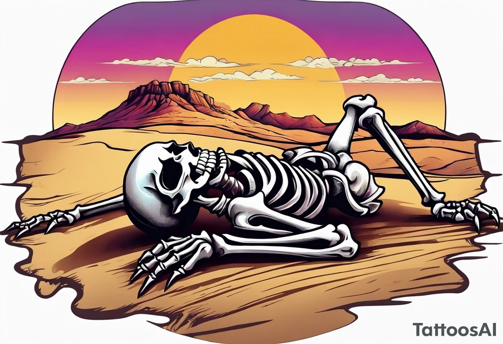 skeleton crawling towards a cross in a desert tattoo idea