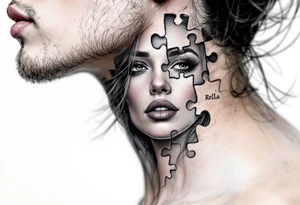 side of the neck puzzle piece tattoo where one of the pieces says Rella tattoo idea