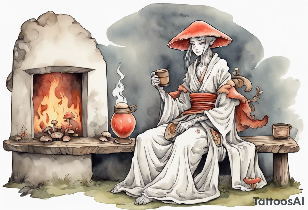 a mushroom-creature wearing a  medieval tunic sitting on a bench by a fireplace drinking from a wood cup, happy tattoo idea