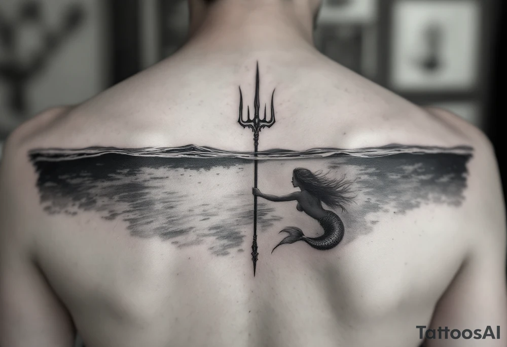 trident half way under calm water with mermaid tattoo idea