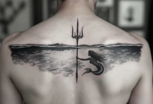 trident half way under calm water with mermaid tattoo idea