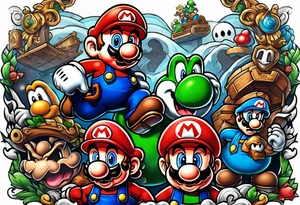 Mario brothers with ghosts and goombas with canons tattoo idea