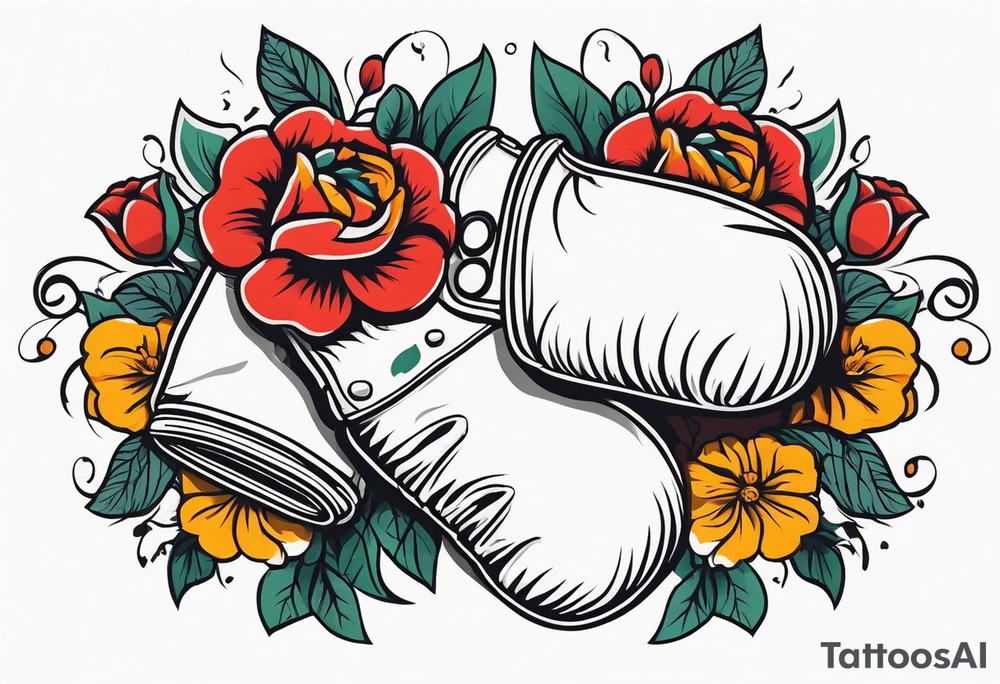 boxing gloves and flowers around the gloves  bold colors traditional old school vintage tattoo idea