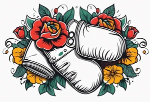 boxing gloves and flowers around the gloves  bold colors traditional old school vintage tattoo idea