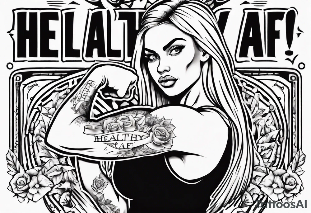 Blonde tattooed woman flexing her biceps with the words healthy AF in a banner tattoo idea