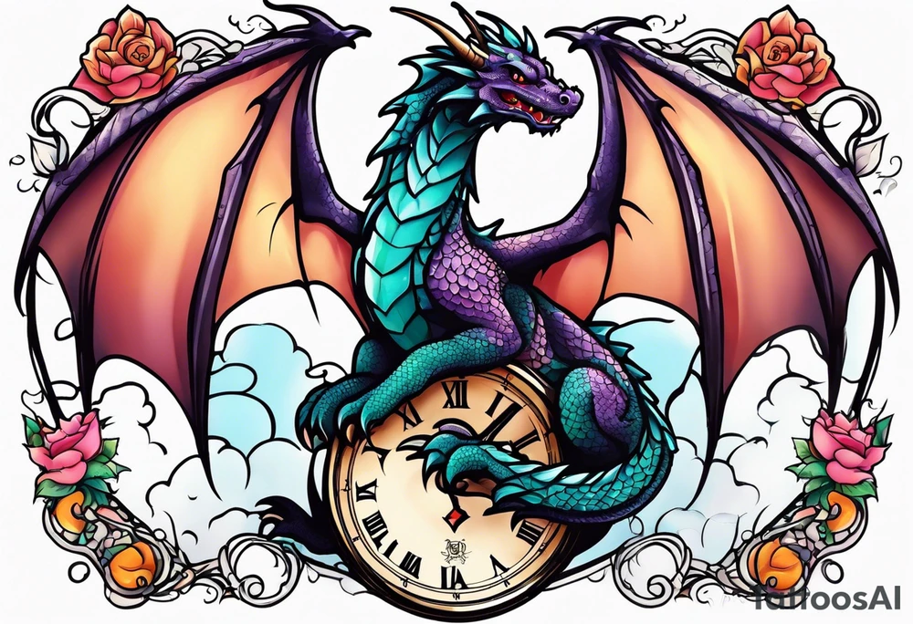 Dragon kawaii , clock, cross tattoo idea