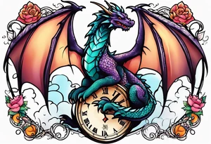 Dragon kawaii , clock, cross tattoo idea
