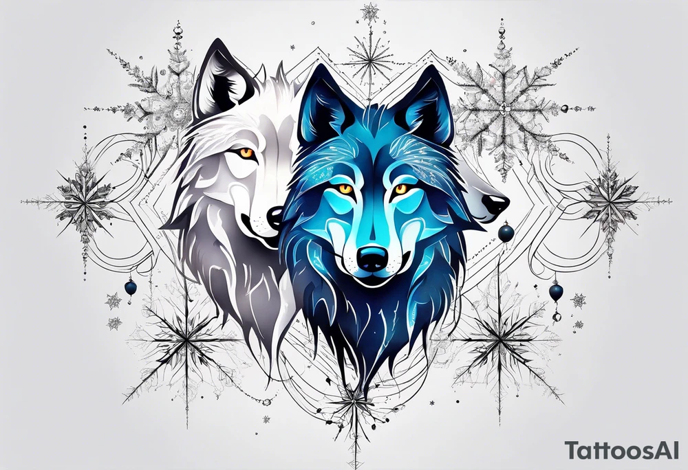 Constellation, two animal wolf, snowflake tattoo idea