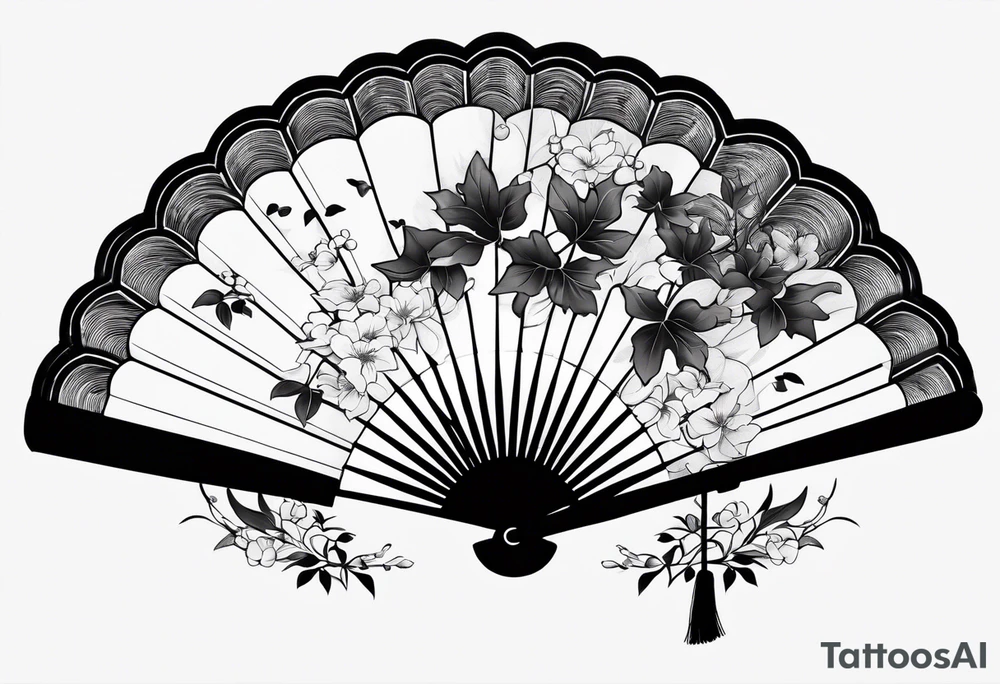 Japanese fan mostly black with basic leaves around it tattoo idea