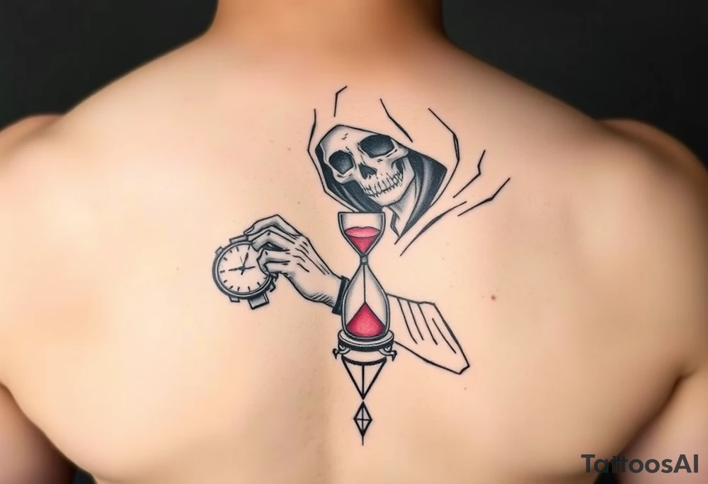 Simple grim reaper looking at a watch on his wrist with a hourglass with red sand and diamond geometric shapes for the thigh tattoo idea