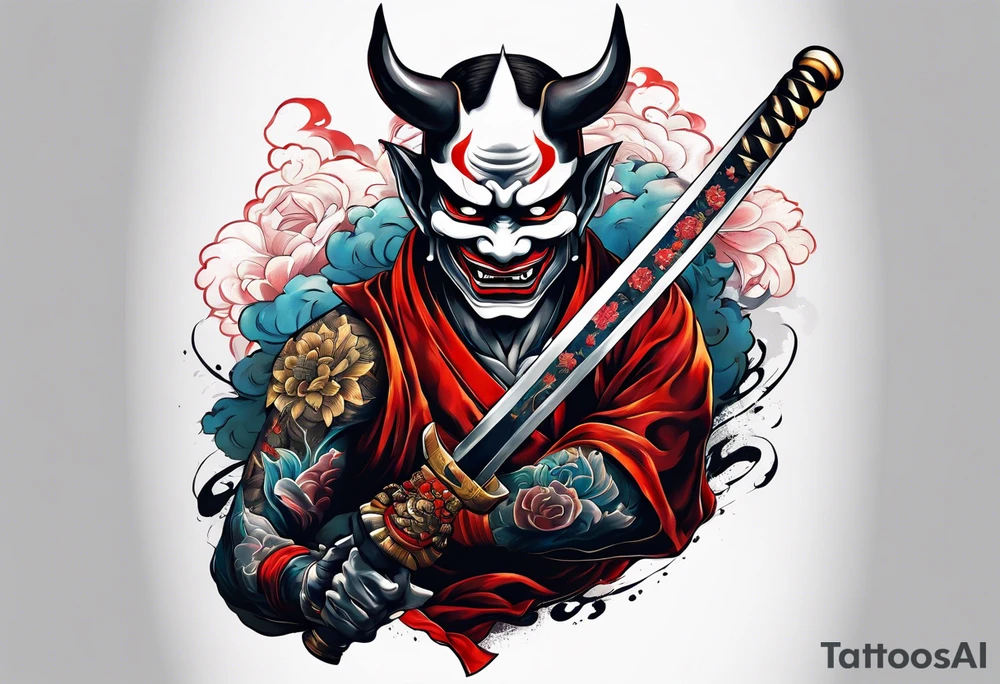 Full body Hannya  holding an ancient katana tattoo idea