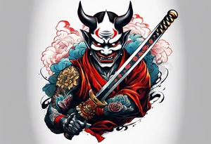 Full body Hannya  holding an ancient katana tattoo idea