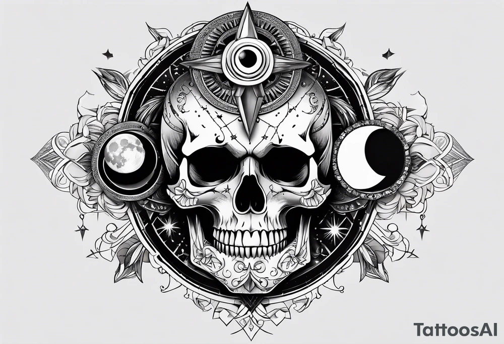 Simple Skull with third eye and dagger through it with the phases of the moon at the bottom tattoo idea