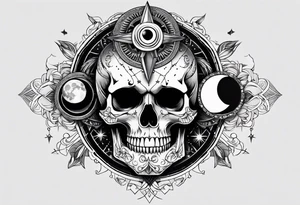Simple Skull with third eye and dagger through it with the phases of the moon at the bottom tattoo idea
