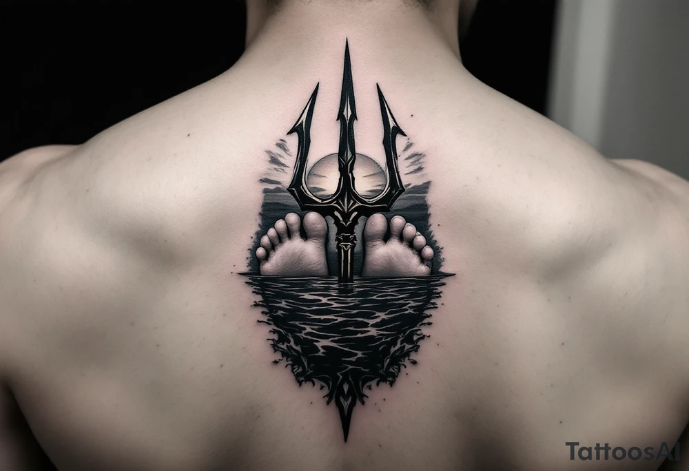 barefeet behind trident with water and sunset tattoo idea
