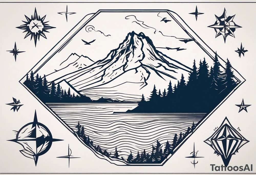 cardinal directions with haystack rock in the top left, mount hood in the top right, alsea falls in the bottom left, crater lake in the bottom right tattoo idea