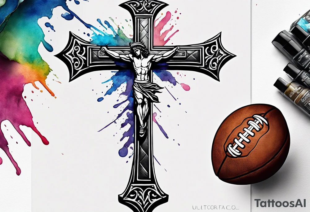 Cross made out of an American football leather with watercolor background tattoo idea