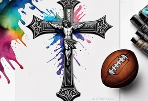 Cross made out of an American football leather with watercolor background tattoo idea
