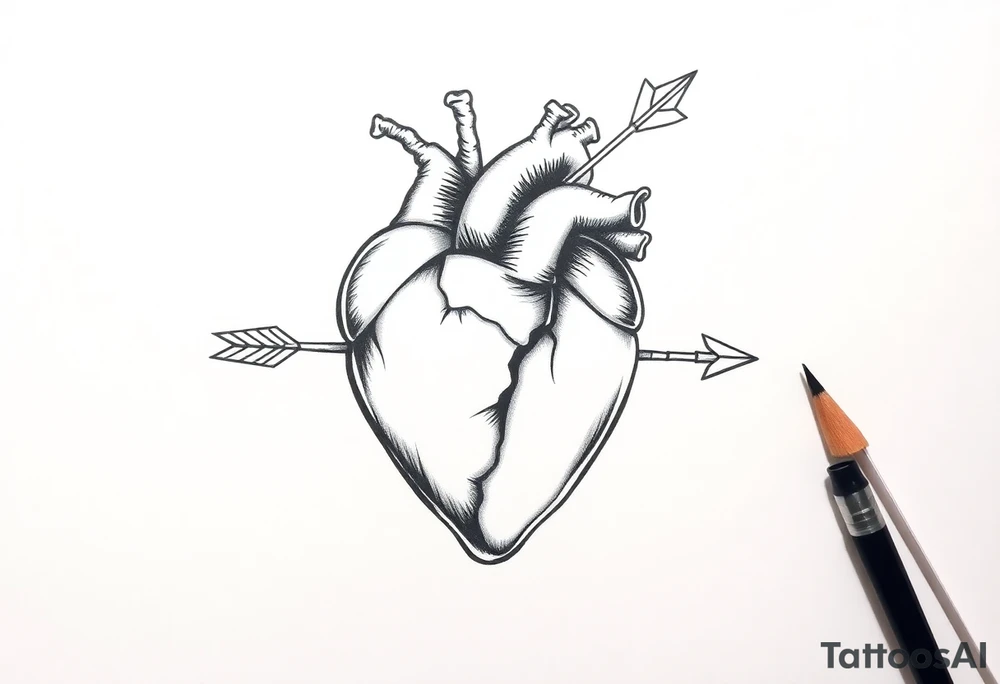 Detailed heart with an arrow inside tattoo idea