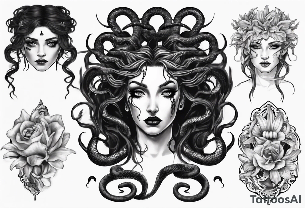 Dark/goth Medusa with white pupils and snake hair. Lilies tattoo idea