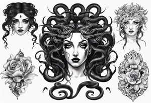 Dark/goth Medusa with white pupils and snake hair. Lilies tattoo idea