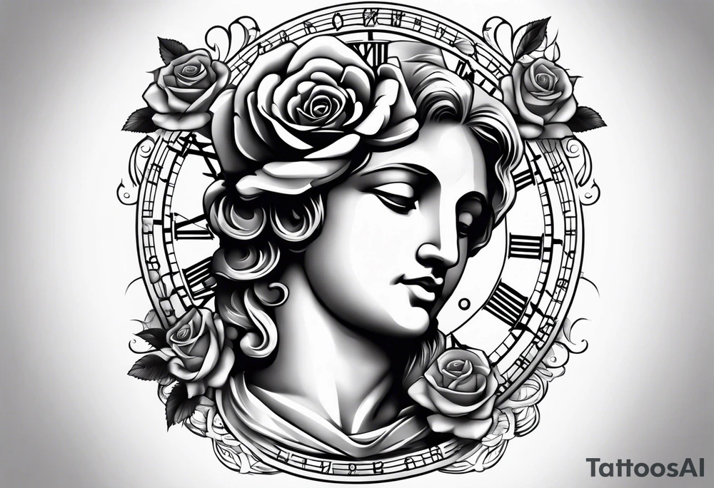 Roman statue next to a rose, clock and script tattoo idea Roman statue next to a rose, clock and script tattoo idea