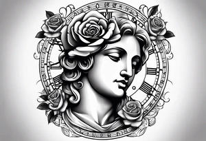 Roman statue next to a rose, clock and script tattoo idea