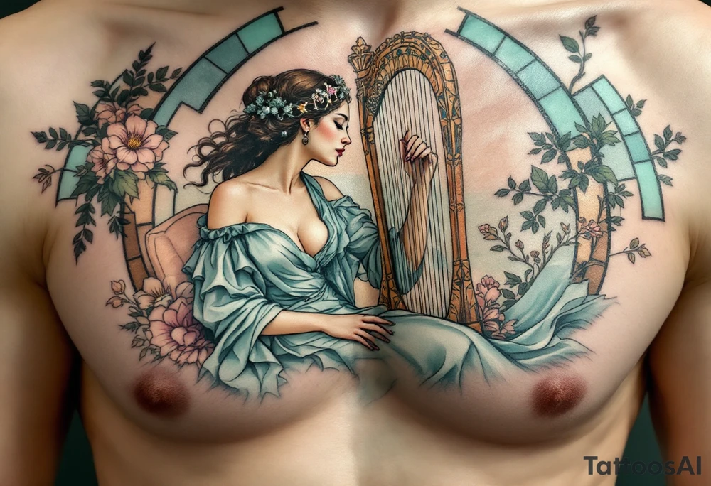 Alfons Mucha’s serene muse playing a harp, in a dress of soft teal and white, framed by an arched mosaic of copper and green. tattoo idea