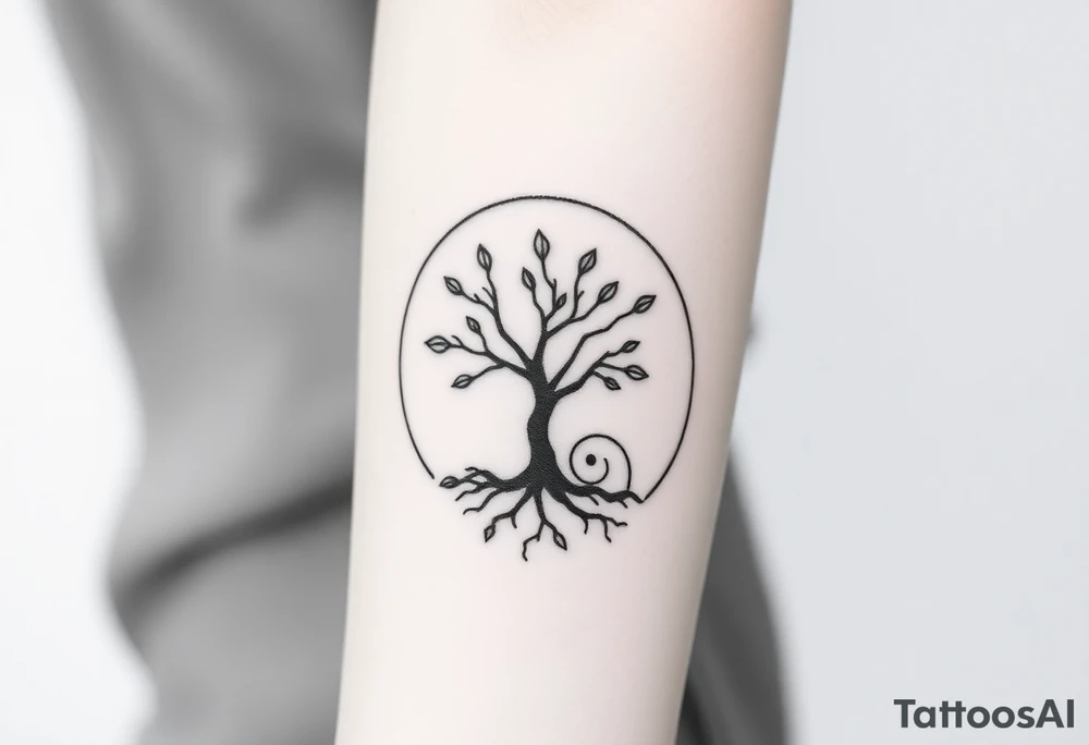 A tree inside of a circle, with few leaves, with an outward spiral line (moving to the right), as its roots, encircling the entire tree tattoo idea