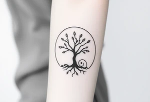 A tree inside of a circle, with few leaves, with an outward spiral line (moving to the right), as its roots, encircling the entire tree tattoo idea
