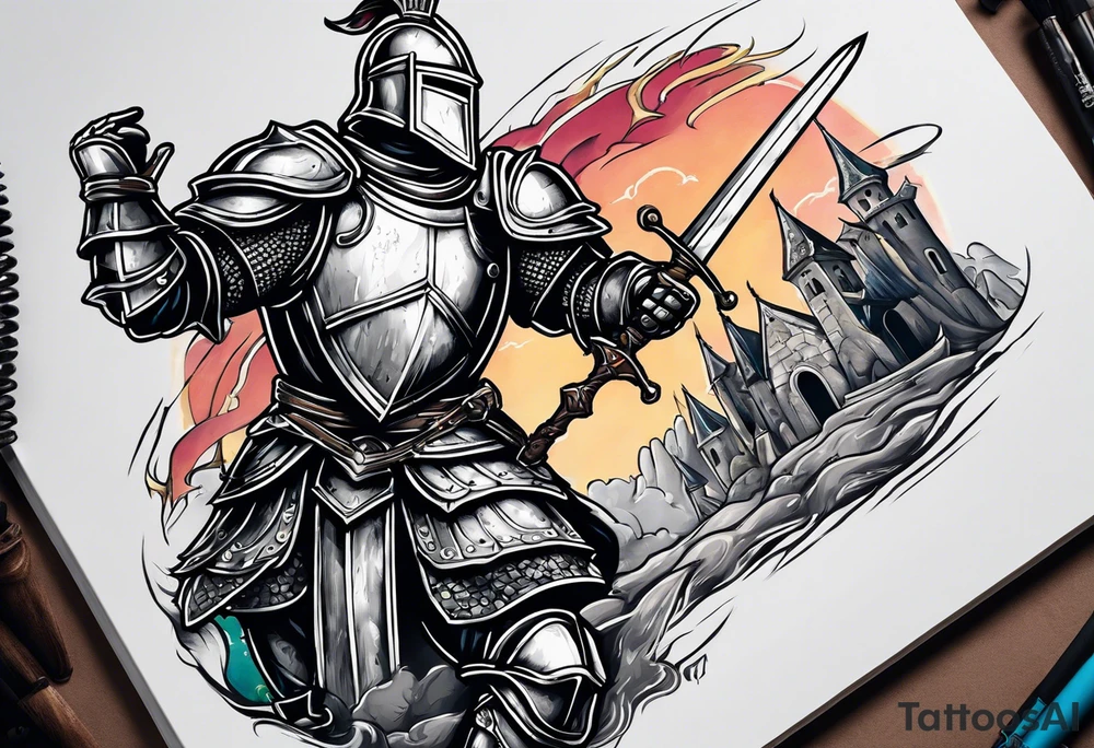 knight holding a bible over his head in combat with both hands tattoo idea