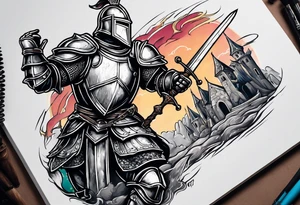 knight holding a bible over his head in combat with both hands tattoo idea