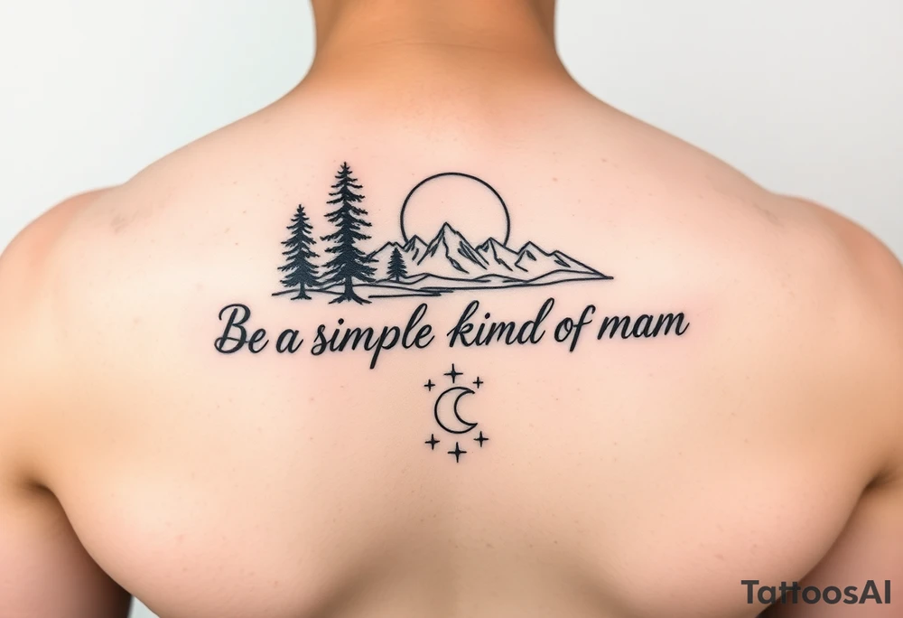 A minimalist tattoo with the words ‘Be a Simple Kind of Man’ in handwritten script, framed by pine trees, mountains, and a rising sun, a river, and moon
Fine line blackwork for the forearm tattoo idea