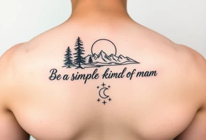 A minimalist tattoo with the words ‘Be a Simple Kind of Man’ in handwritten script, framed by pine trees, mountains, and a rising sun, a river, and moon
Fine line blackwork for the forearm tattoo idea