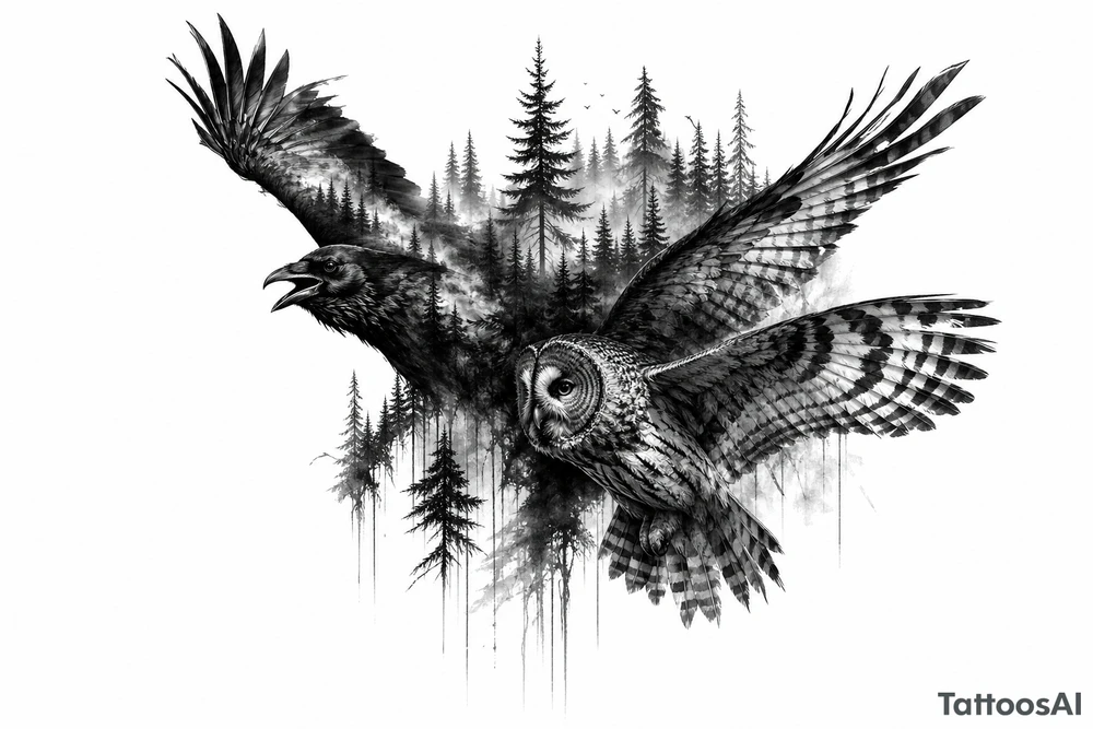 Silhouette of a raven and owl flying through a dense, misty forest tattoo idea
