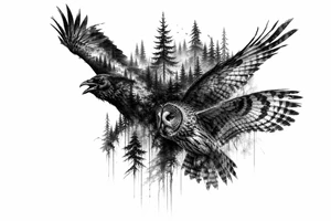 Silhouette of a raven and owl flying through a dense, misty forest tattoo idea