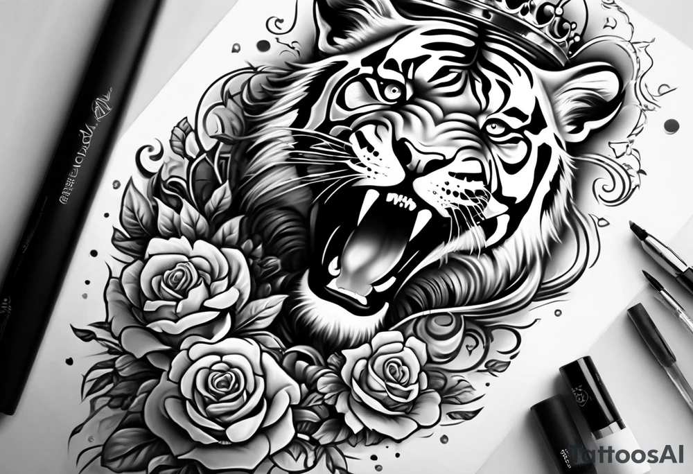 King tiger on top of Hour glass with Brain and heart inside
Full detailed sleeve tattoo idea