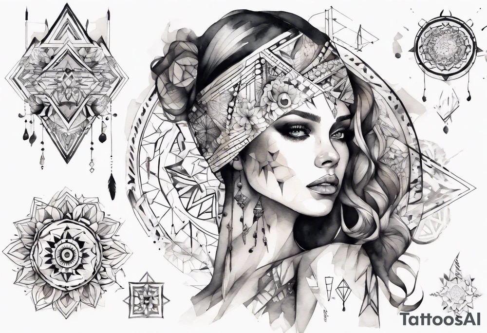 beautiful woman mixed with geometric objects like a mandalas tattoo idea