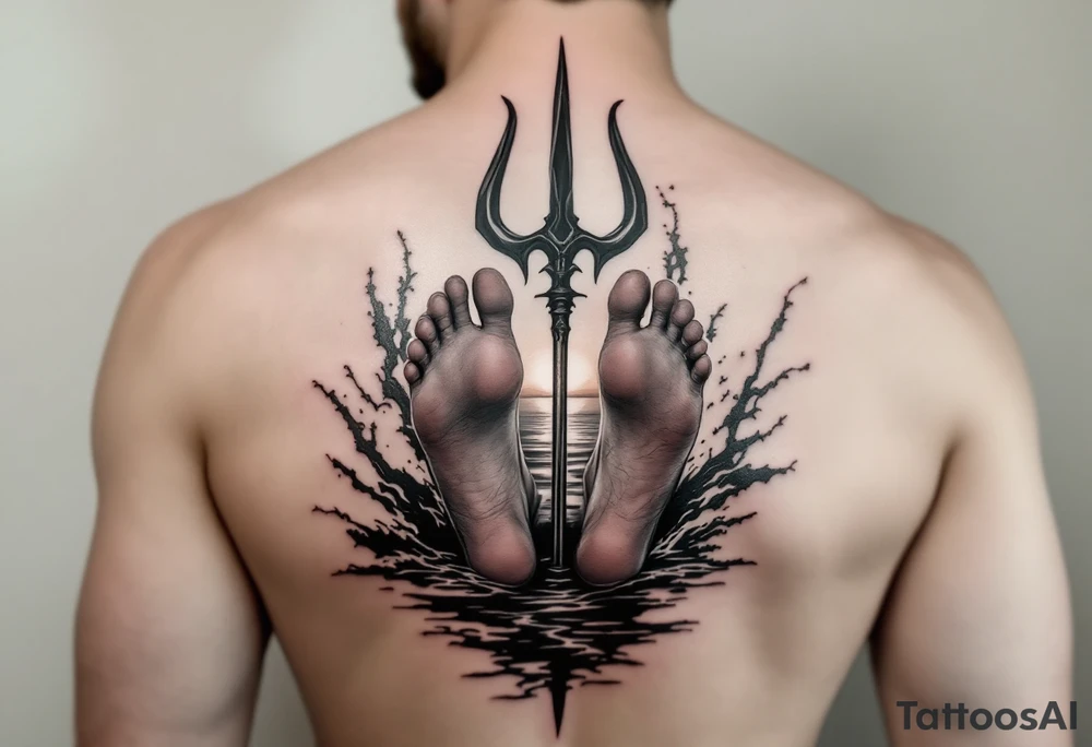 barefeet behind trident with water and sunset tattoo idea
