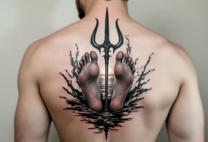 barefeet behind trident with water and sunset tattoo idea