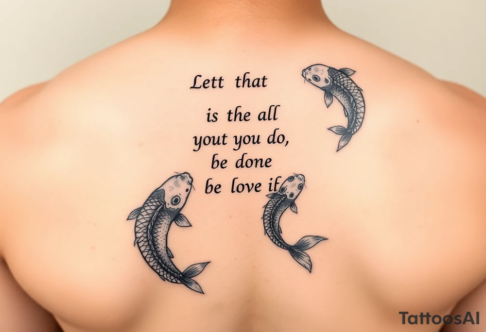 vertical verse going down the spine that says “ Let all that you do be done in love “ with two koi fish One on the Lower left of the verse and the other fish on the upper right of the verse tattoo idea