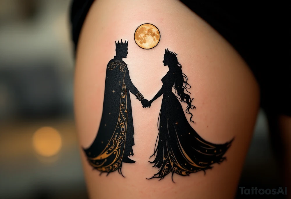 A silhouette of a king and queen holding hands under a black and gold moonlit sky. tattoo idea