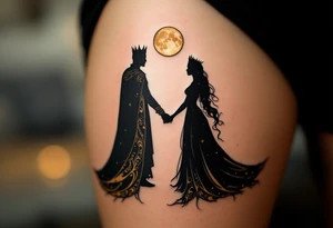 A silhouette of a king and queen holding hands under a black and gold moonlit sky. tattoo idea