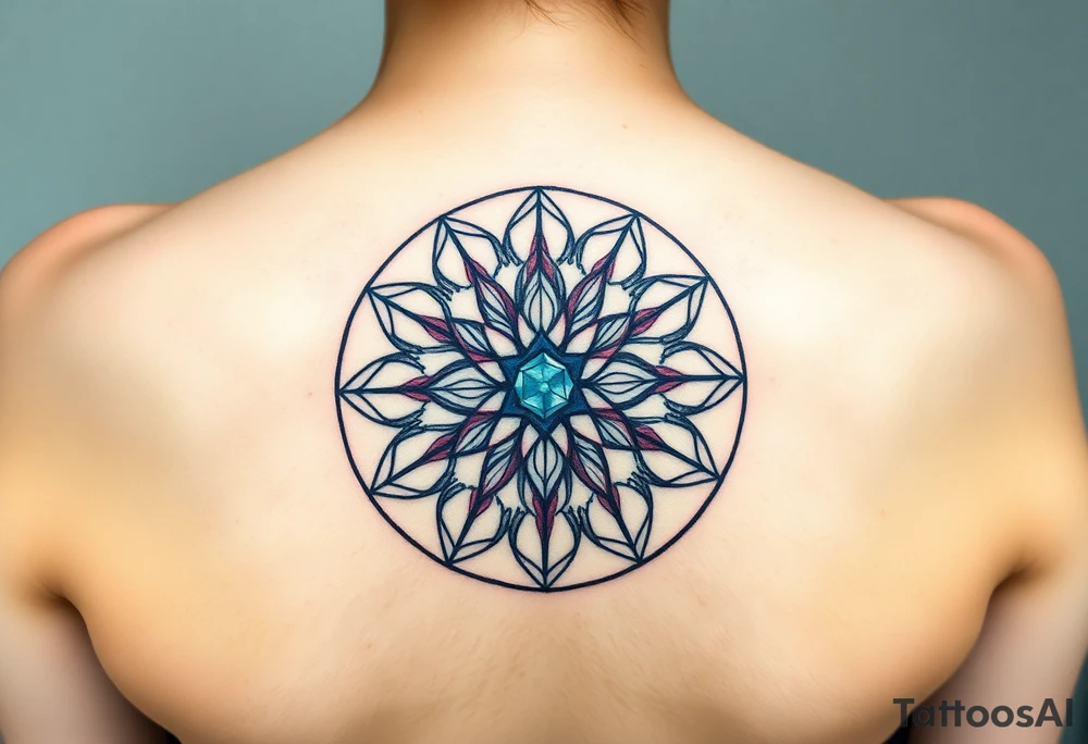 A symmetrical Flower of Life with hexagonal crystal and geometrical details in round cyrcle, enhancing its sacred geometric nature. tattoo idea